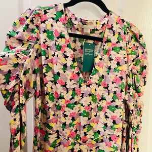 H&M CONSCIOUS Cotton Midi Floral Dress Size Large V-Neck Long Puff Sleeve (NWT)